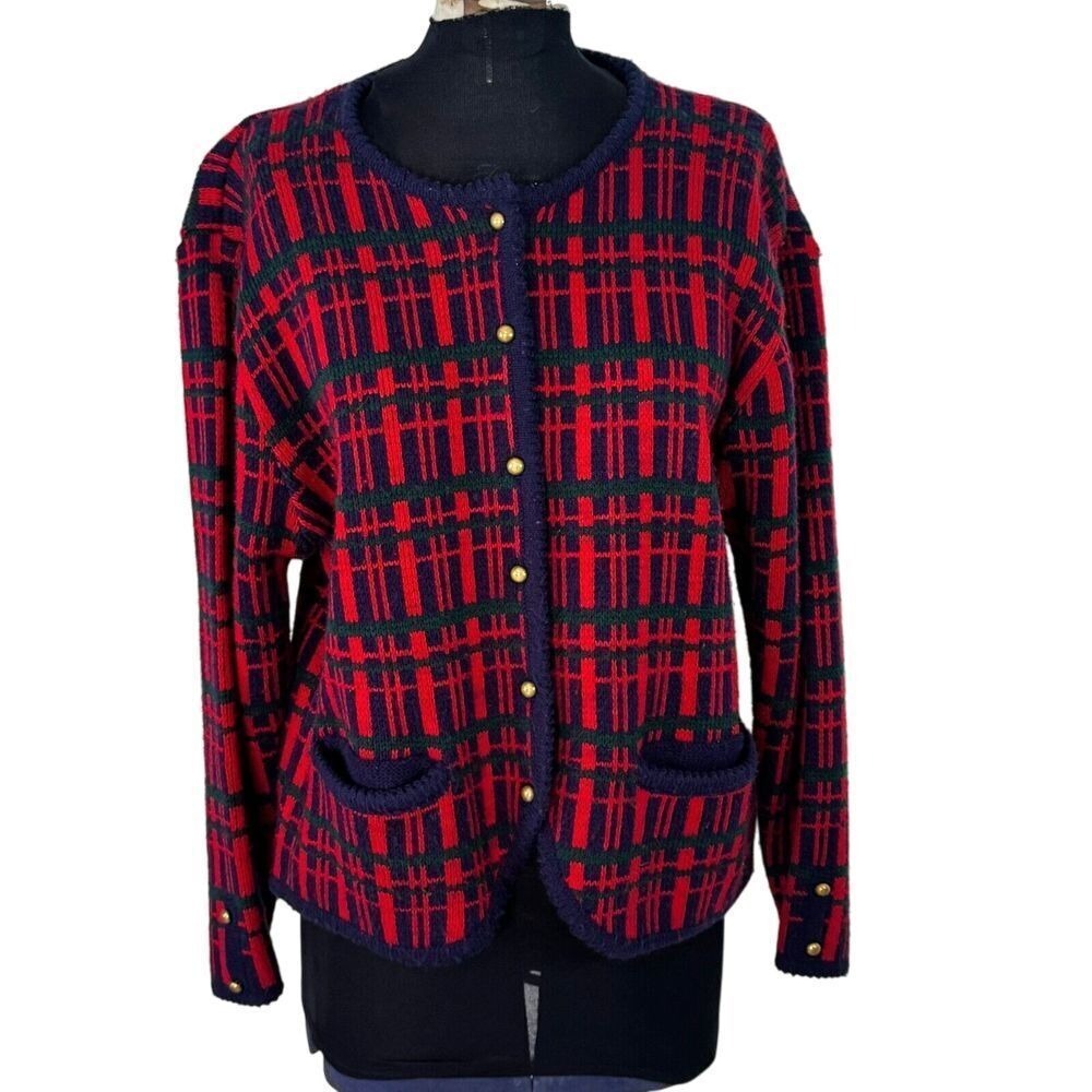 VTG 90s Women M‎ Red Plaid Gold Buttons Cardigan Sweater Academia Classic Preppy